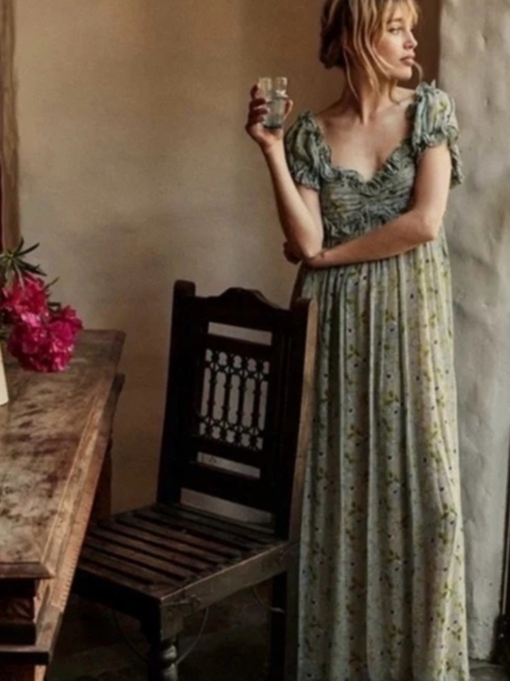 Doen Drew Green Strawberry Moon Floral Print Maxi Dress  Size L